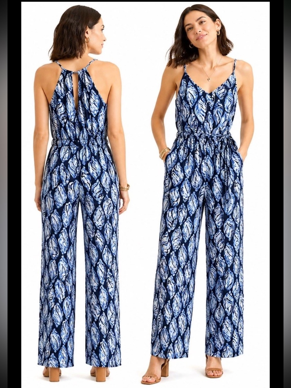 LILLY PULITZER High Tide Blue Conch Shell Racerback Belted Straight Jumpsuit XS